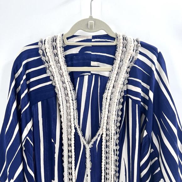 Vintage Handmade OOAK Blue White Silk Embellished V-Neck Kimono Tunic - Picture 2 of 7